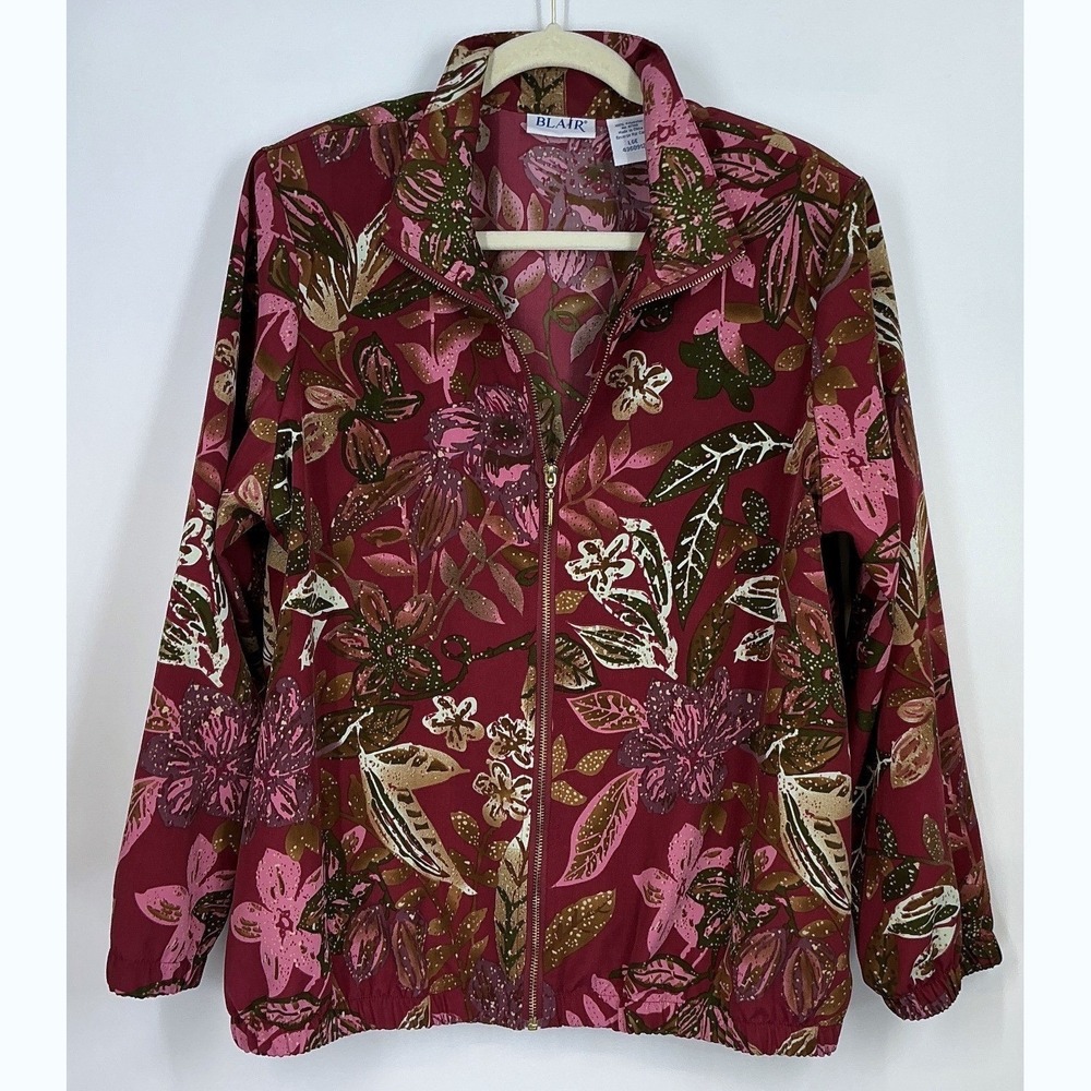 Blair Burgundy Floral Botanical Jacket Zip Up L Statement Print Travel Spring‎
